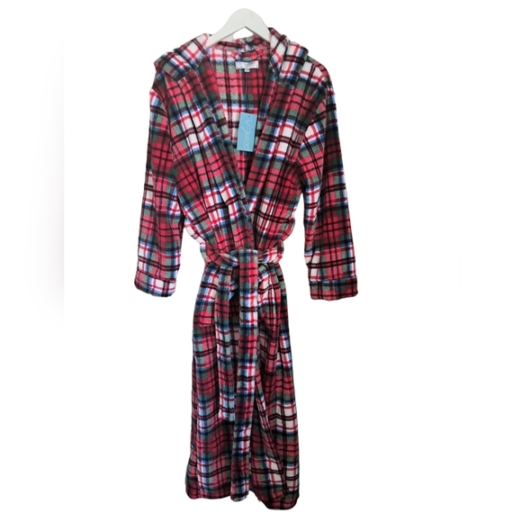 ALEXANDER DEL ROSSA plush plaid hooded bathrobe check robe COZY coastal TAGS SM - Picture 3 of 13